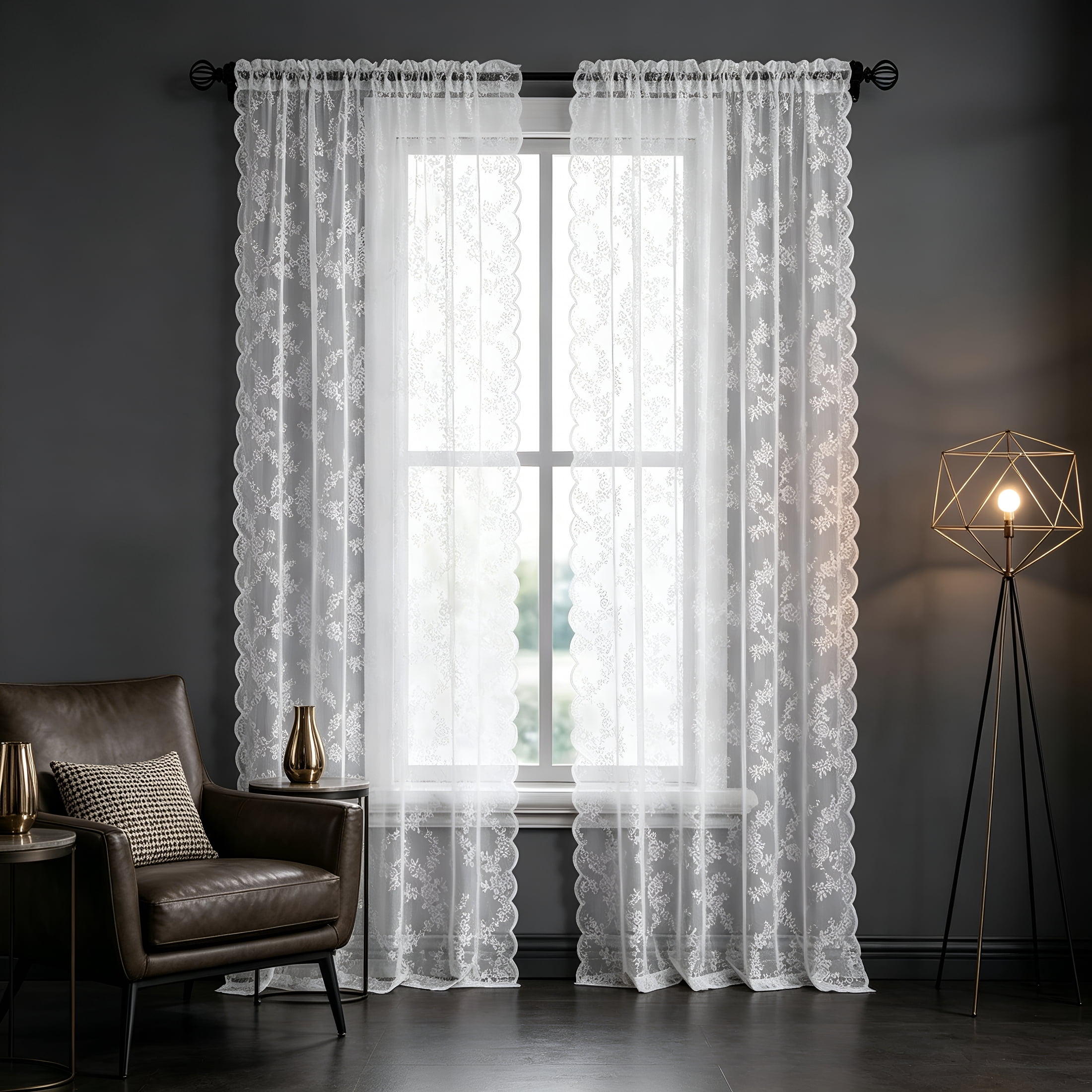 AUQ White Lace Sheer Curtain Panels for Living-Room,Beaded Curtain,Rose Floral Embroidery Draperies for Farmhouse,Rod Pocket 95"L X 55"W X 2 Pcs