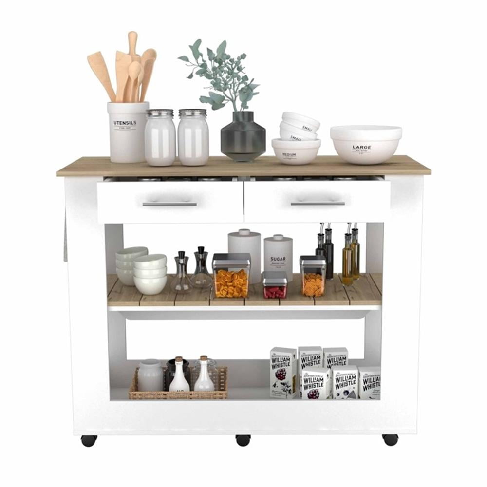 FM FURNITURE Brooklyn 46 Kitchen Island with Two Drawers Engineered Wood White