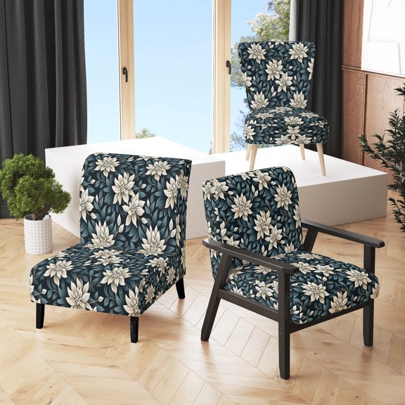 Designart "Essence Of Monochrome" White Floral Upholstered Accent Chair - Cottage Arm Chair For Living Room