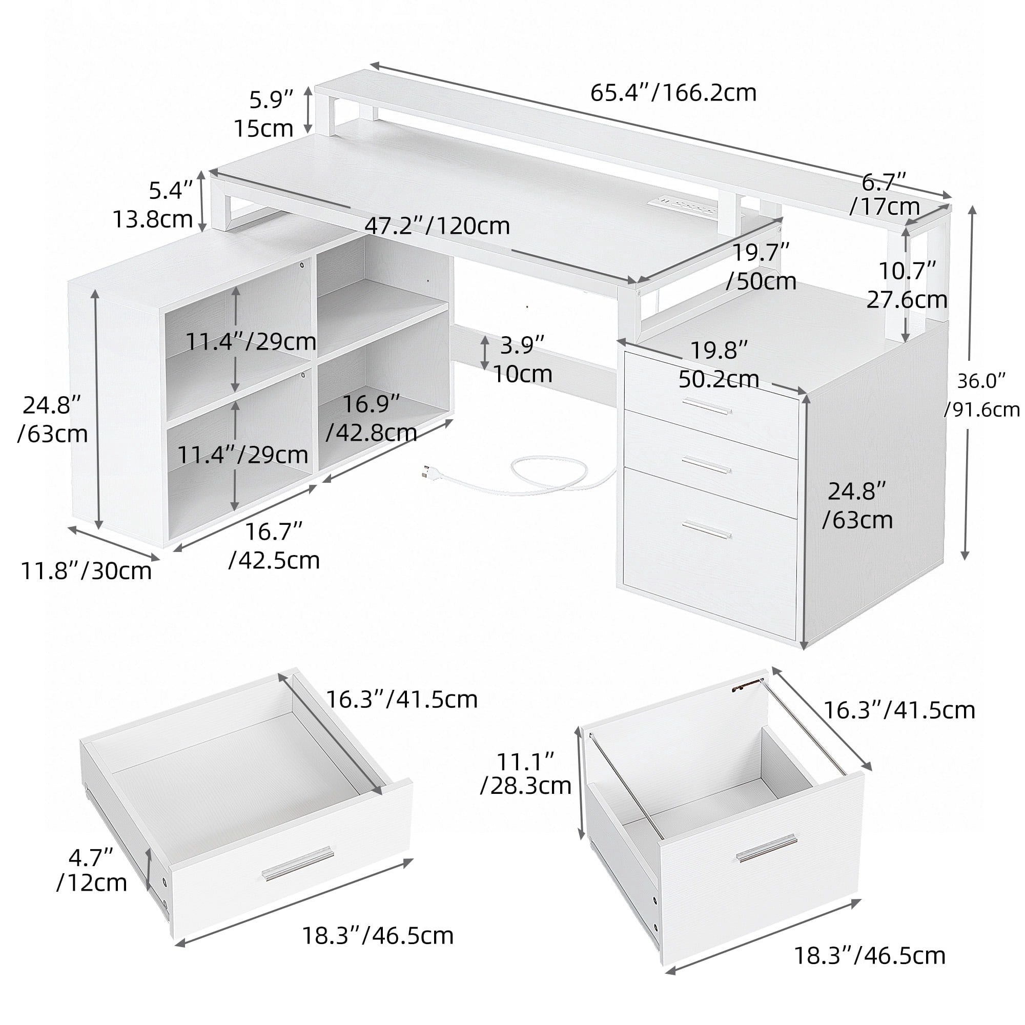 Uforic 65" L Shaped Desk with LED Light & File Cabinet, with 3 Drawers & 4 Open Storage Shelves, White