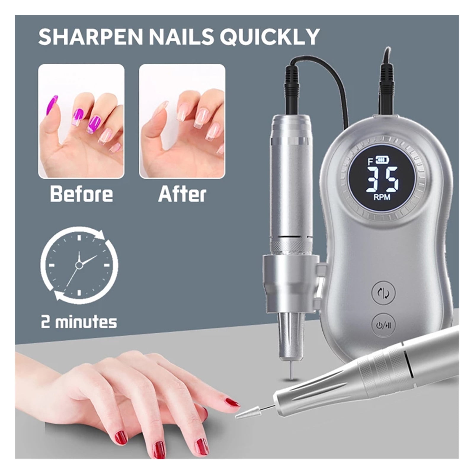 35000 RPM Electric Nail Polish Drill Portable 2 In 1 Electric Nail File With LCD Display USB Charge Professional Tool ,Low Noise