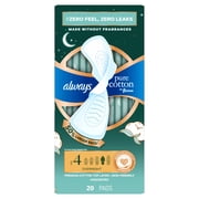Always Pure Cotton Feminine Pads, Size 4, Overnight, Wings, Unscented, 20 Count