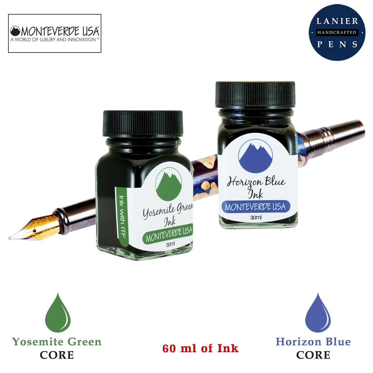 Monteverde 60ml Core Fountain Pen Ink Bottle (30ml Yosemite Green Ink Bottle G309YG, 30ml Horizon Blue Ink Bottle G309HB)