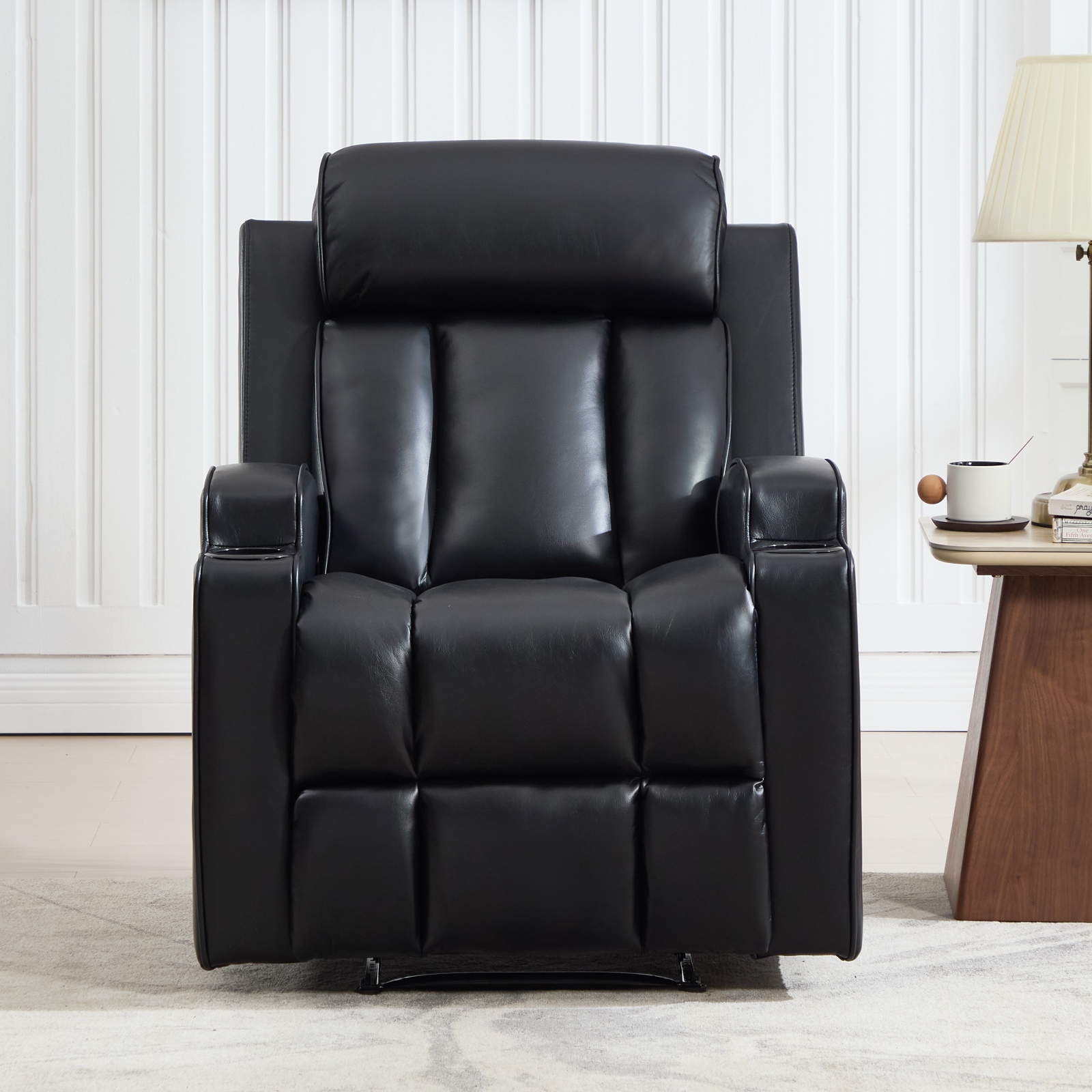 Ebello Manual Reclining Chair, PU Leather Modern Overstuffed Recliner with Cup Holders for Living Room & Home Theater, Black