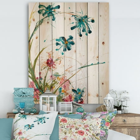Multi Color Natural Wood - DESIGN ART Designart 'Blue Abstract Blossoming Farmhouse Flowers' Modern Farmhouse Print on Natural Pine Wood - Multi-color