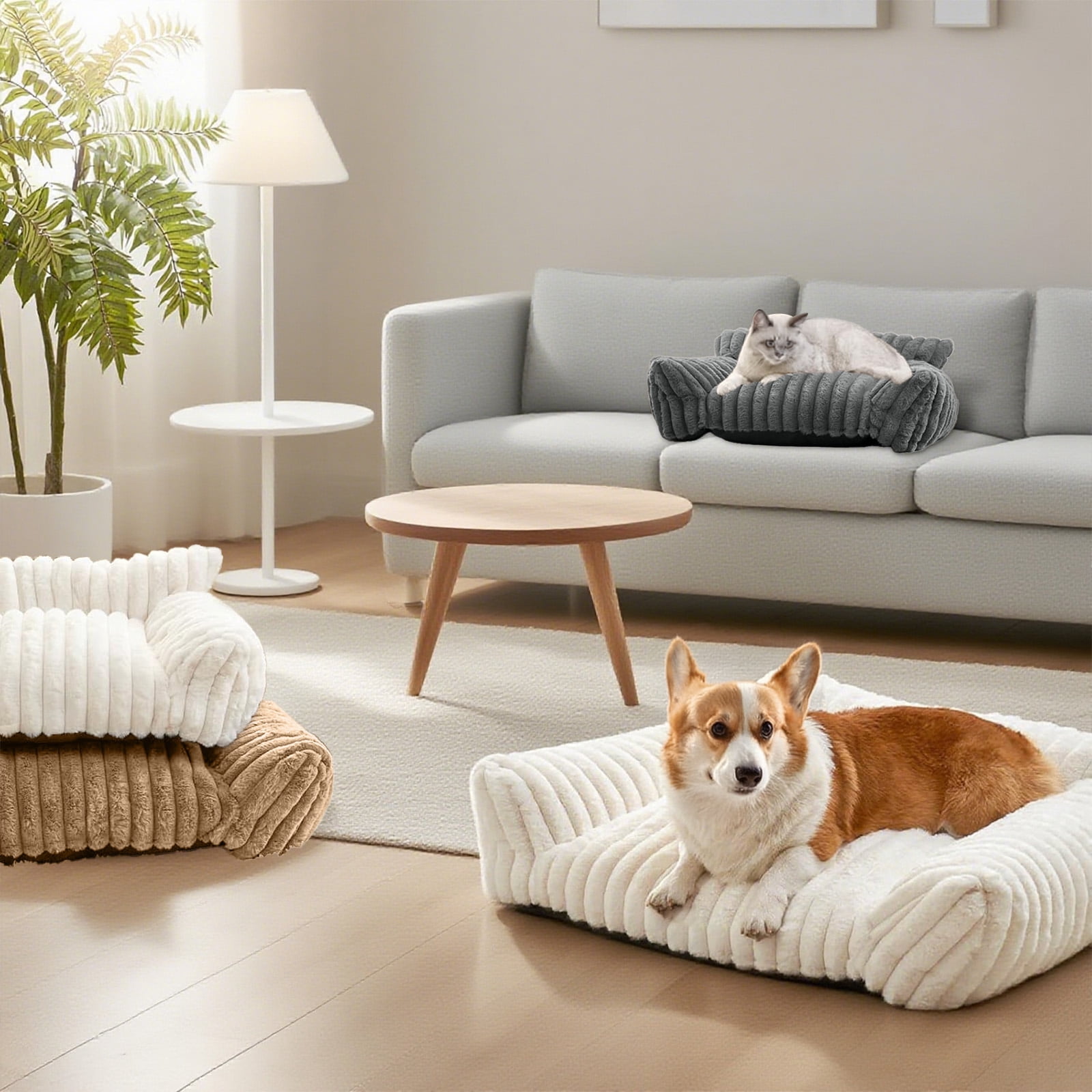 Sanmadrola Cute Cat Bed for Indoor Cats, Couch Bed with Removable Washable,Premium Soft Corduroy Fleece Pet Bed for Small Dog & Cat,Khaki
