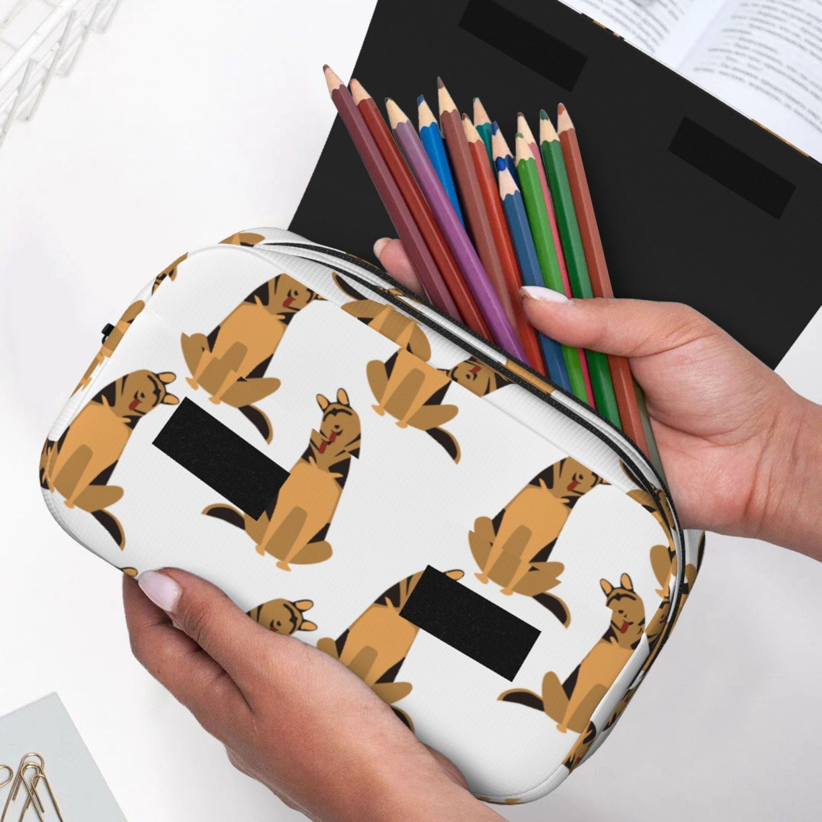Rateoe German Shepherd Dog Pattern Double Clamshell Pen Case, Storage Organizer with Two Zipper Compartments– Holds Up to 50 Pencils & Pens