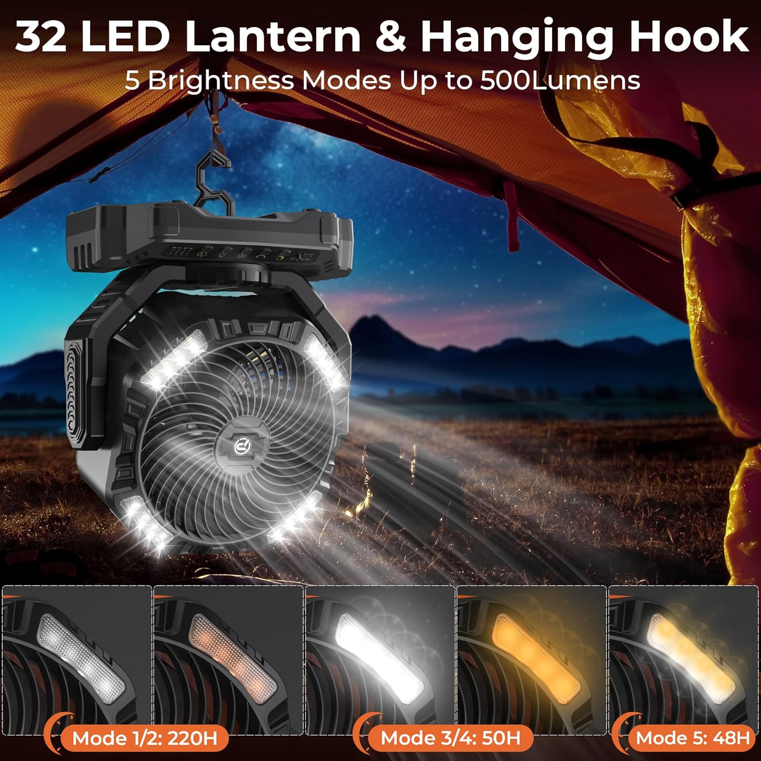 40000mAh Camping Fan with Light - 12in Rechargeable Battery Powered Fan (136H Cool Max), 90Auto Oscillating with Remote & Charger, 4 Speeds & Timers for Outdoor/Patio/Garage/Jobsite/Hurricane/Outage