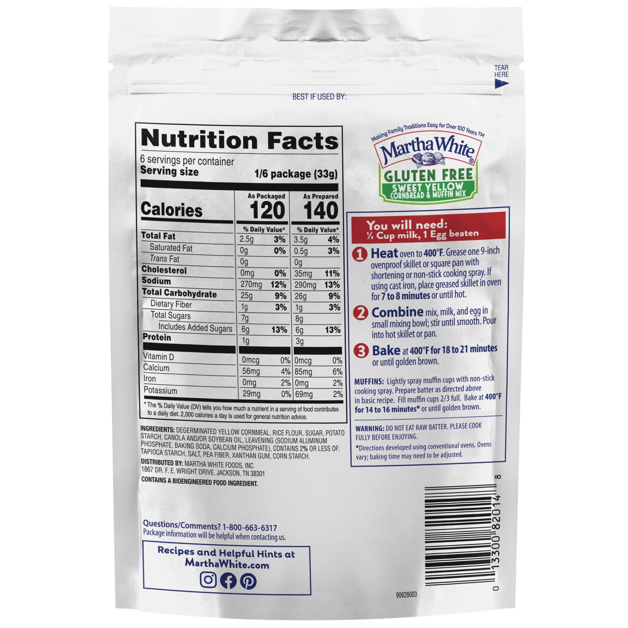 (12 pack) Martha White Sweet Yellow Gluten Free Cornbread Mix, 7 oz Pouch