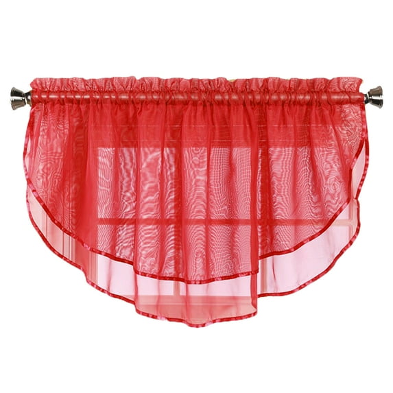 Sheer Voile Valance Curtain for Windows Size 54 in X 24 in Scalloped with Ribbon for Kitchens, Living Room, Dining Room, Bathroom, Bay Windows, Basement, Laundry Room (Red)