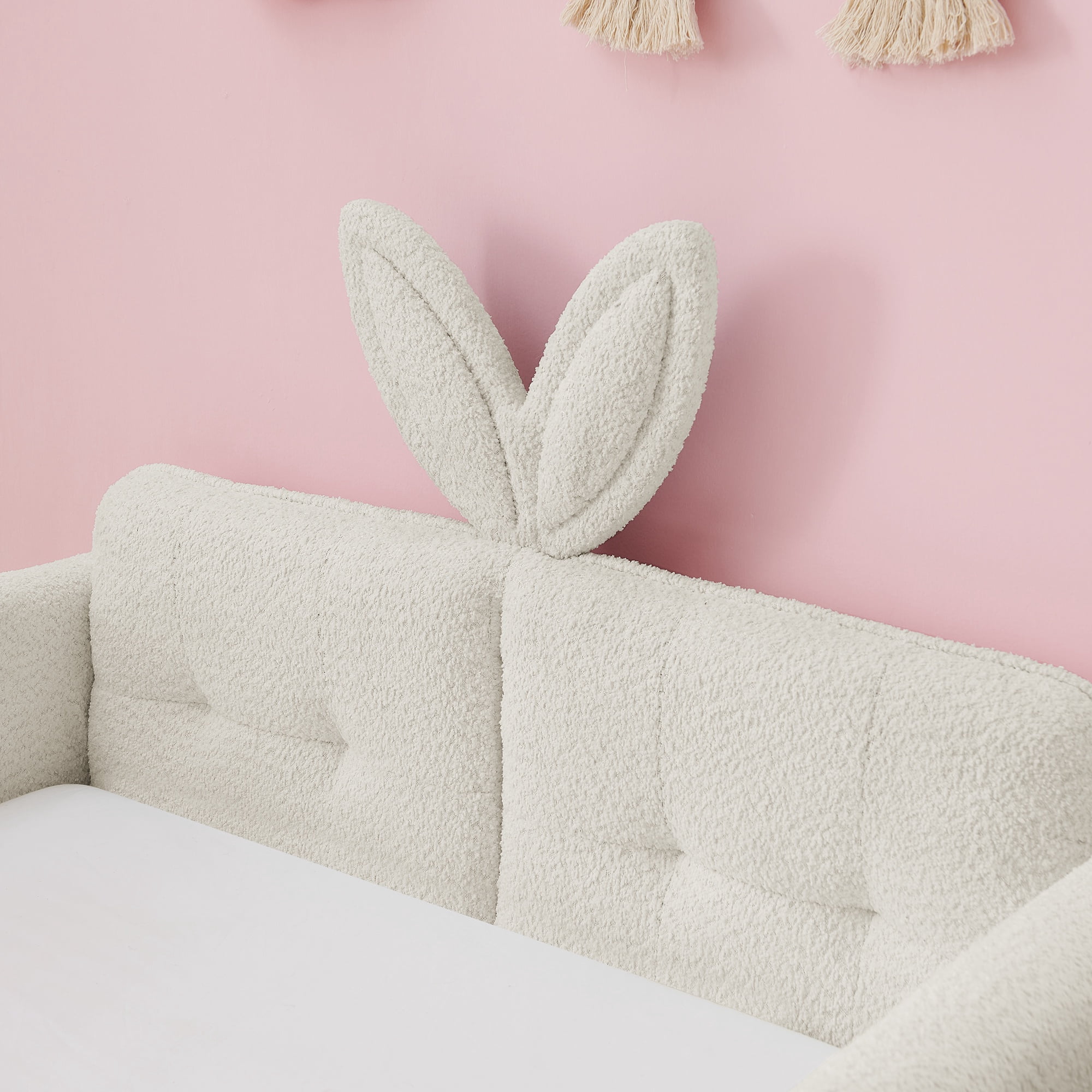 PORKISS Twin Bed Frames for Kids, Boucle Upholstered Platform Bed Frame with Safety Rails, Cute Bunny Ear Cartoon Bed with Storage Pocket, Beige