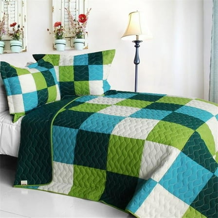 ONITIVA-QTS01280-23 Summer Creek - 3 Pieces Vermicelli-Quilted Patchwork Quilt Set  Full & Queen Size - Green