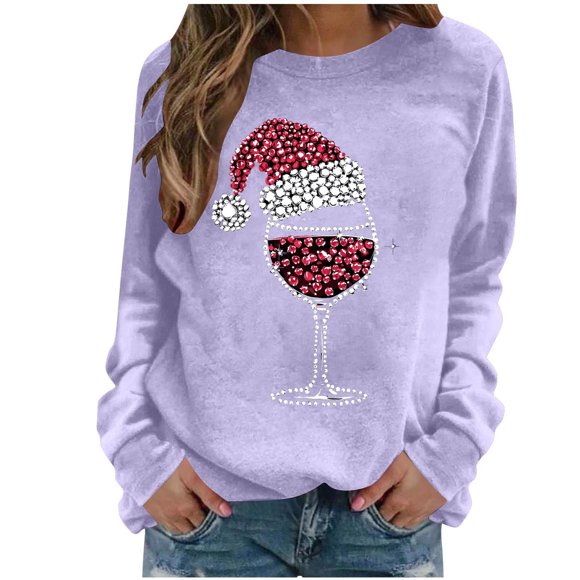 Lcziwo Funny Christmas Sweatshirts for Women Sequin Rhinestone Red Wine Glass Shirts Raglan Long Sleeve Round Neck Tops Casual Fashion Holiday Loose Pullover Purple,XXL