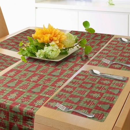 

Christmas Table Runner & Placemats Different Styled Noel Trees on Checkered Squares Background Vintage Quilt Set for Dining Table Placemat 4 pcs + Runner 16 x72 Ruby Reseda Green by Ambesonne