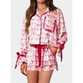 thumbnail image 1 of Pijamas navideños 2025 para mujer, pajarita, camisa de manga larga, pantalones cortos, satén de seda, divertido conjunto de pijama de 2 piezas con gráficos, ropa de dormir, 1 of 5