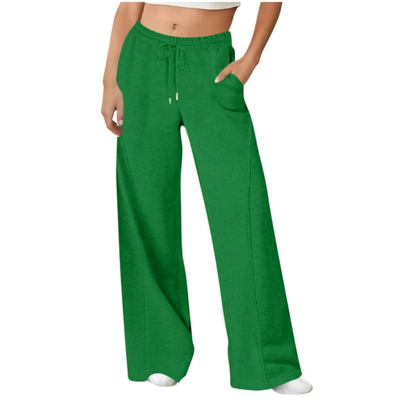 aohooy Baggy Pants Woman High Waisted Drawstring Solid Sweatpants Oversized Wide Leg Athletic Jogger Trousers with Pockets Green,S
