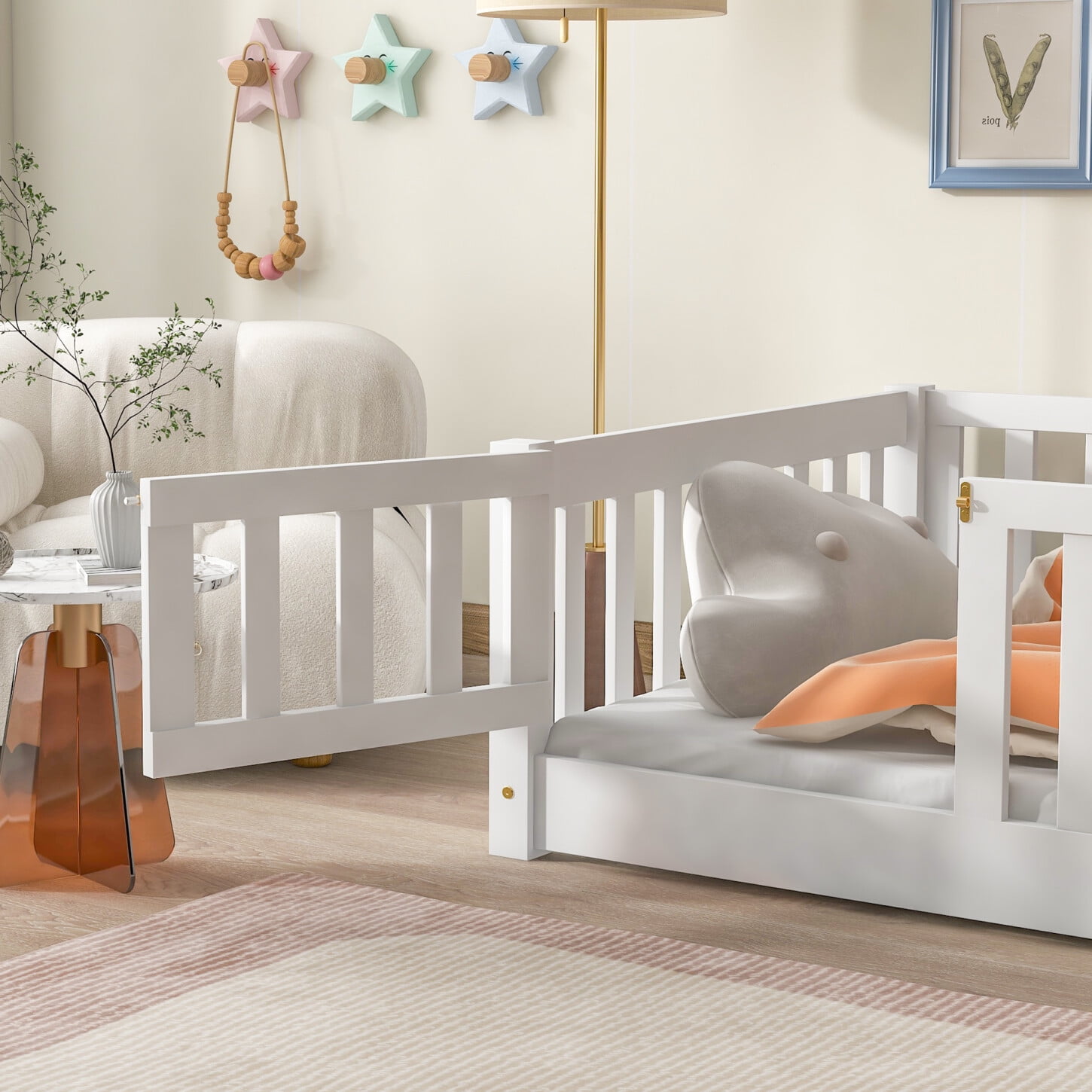 Twin Size Floor Bed, Wood Platform Bed with Fence and Door, Montessori Bed Frame with Slats Support, No Box Spring Needed,White
