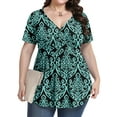 thumbnail image 2 of UVPLove Women's Plus Size V Neck Casual Knit T-shirts Short Sleeve Blouse & Top,F Black Green, L, 2 of 10