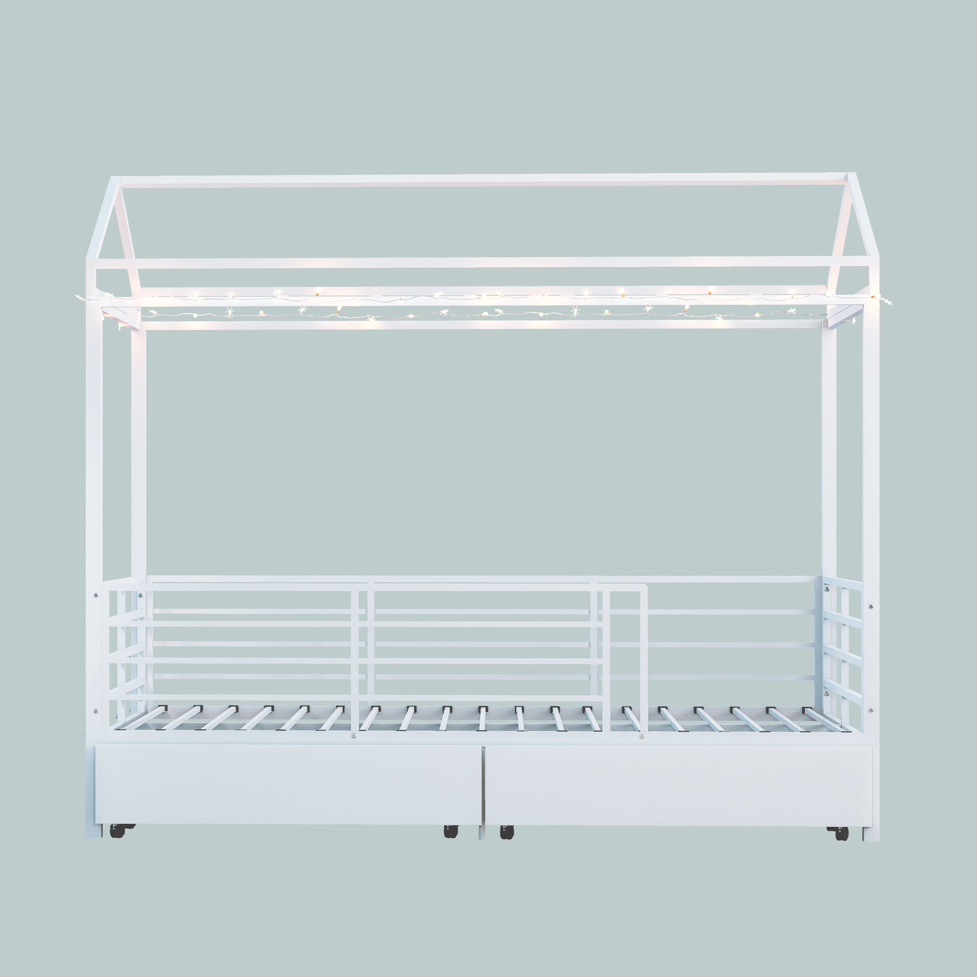 Mintazer Twin Size Metal House Bed with 2 Drawers, Kids Floor Bed with Guardrails for Boys & Girls, White