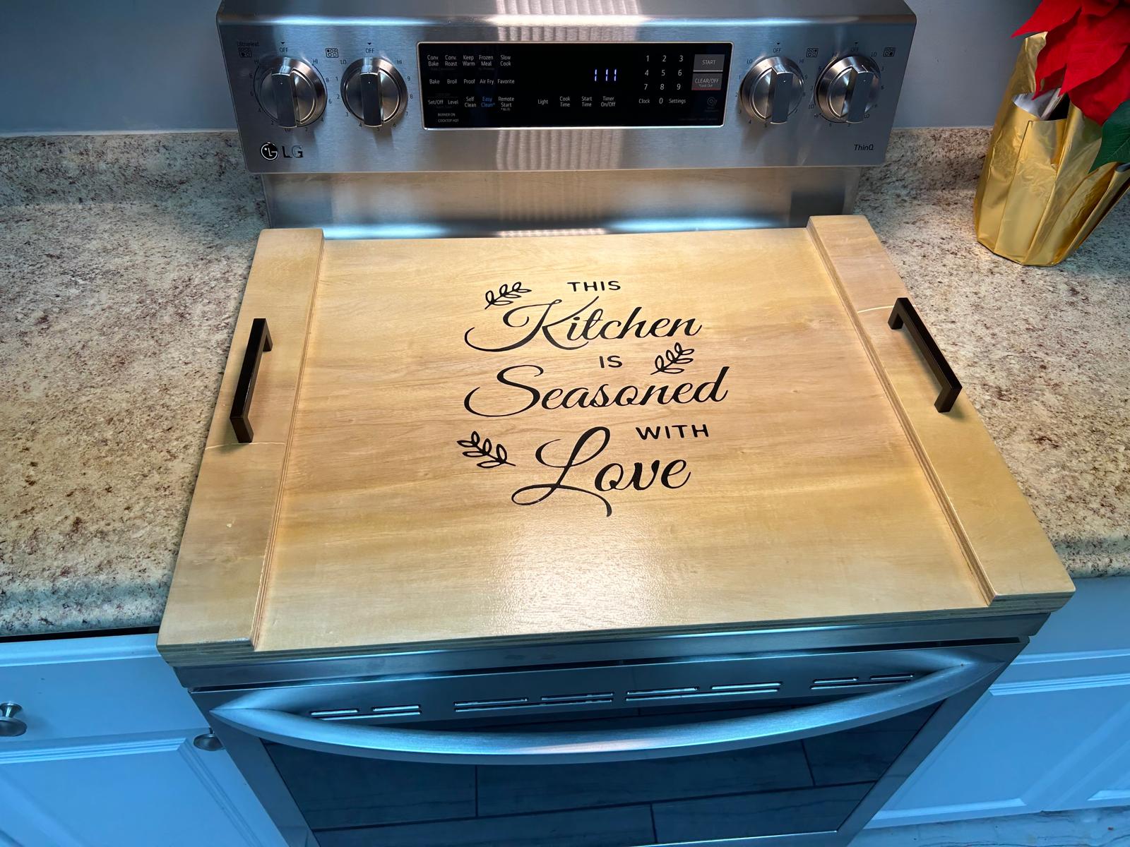 Decorative Wood Stove top cover/Noodle Board- Brown Oak - "This Kitchen"