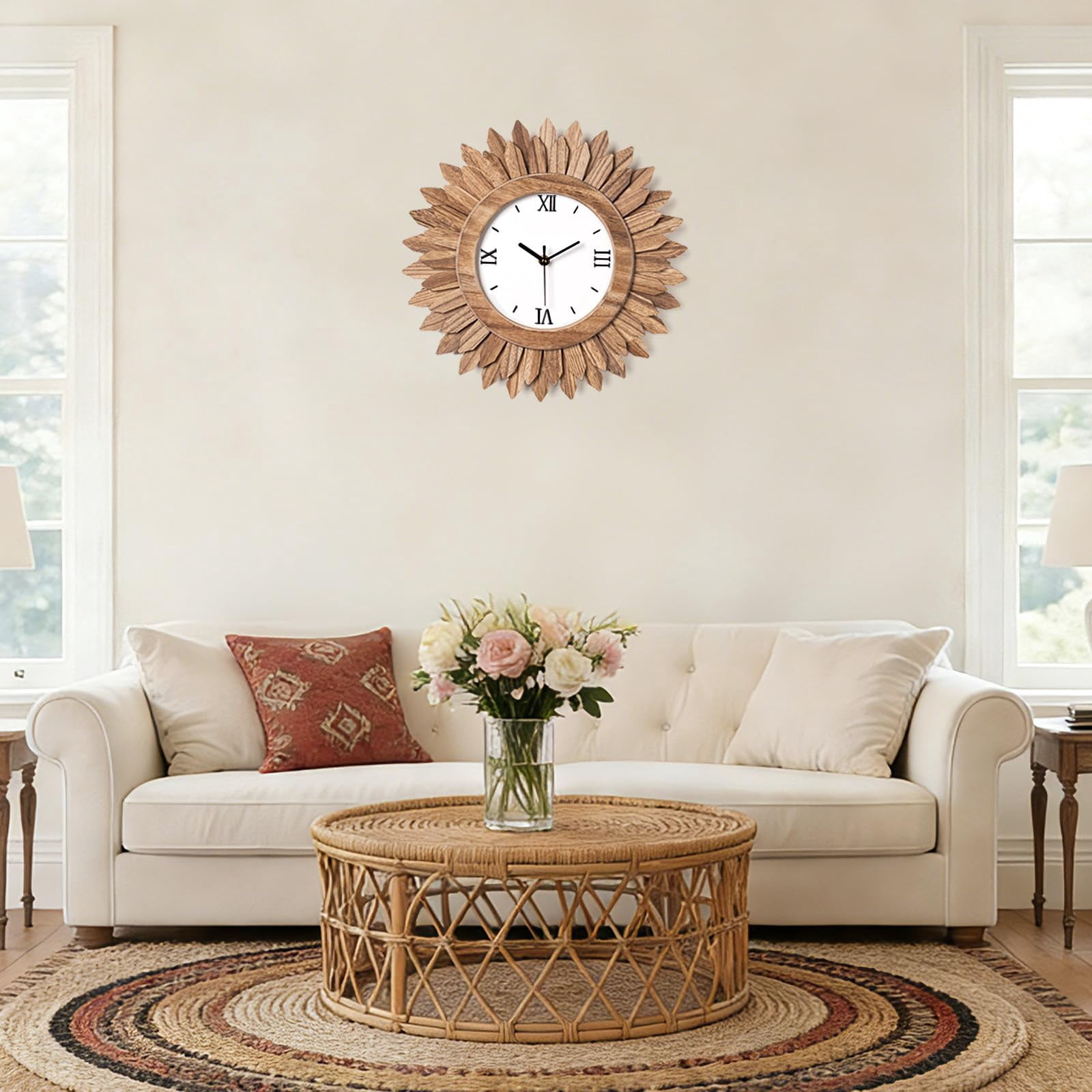 14 In Rustic Wood Boho Sunburst Decorative Wall Clock Silent Non Ticking Farmhouse Small Wall Clocks for Living Room Kitchen Bedroom Decor (Rustic Brown)