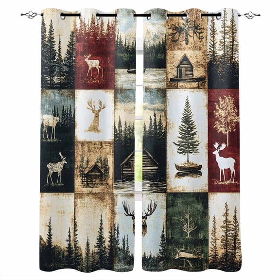 Forest Elk Blackout Curtains for Bedroom/Living Room, Thermal Insulated Kitchen Curtains, Farmhouse Pine Tree Rustic Green Red Grommet Darkening Window Treatment Drapes 52"x84"x2
