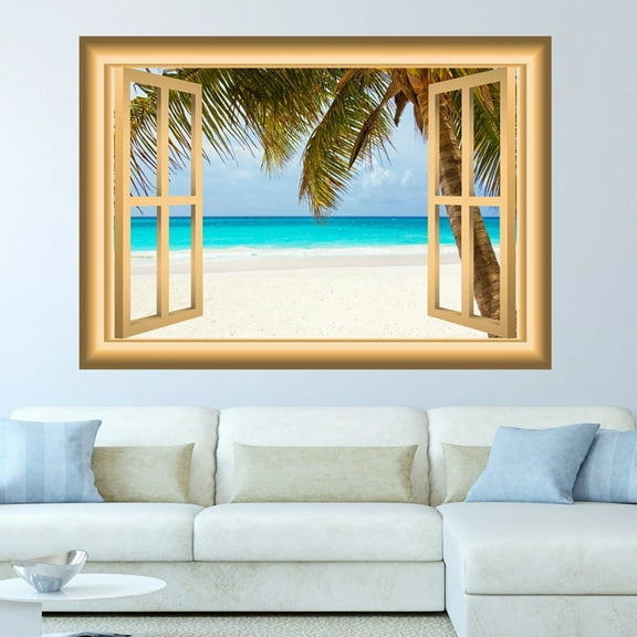 VWAQ Window Frame Wall Decal Beach Scene Ocean Peel and Stick Mural - NW5 (18"H X 22"W)