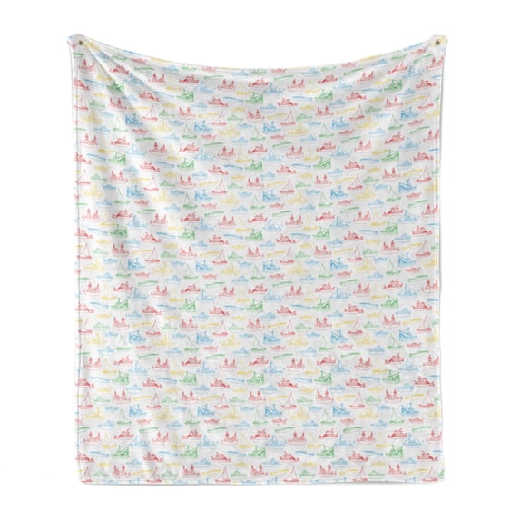 Marine Soft Flannel Fleece Throw Blanket, Colorful Outline Nautical Themed Various Vehicles, Cozy Plush for Indoor and Outdoor Use, 50" x 70", Multicolor, by Ambesonne