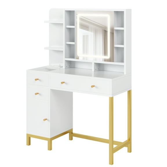 Sunvasagoo 25.6" LED Makeup Vanity Desk, Lighted Mirror, Charging Hub & Storage, White Gold