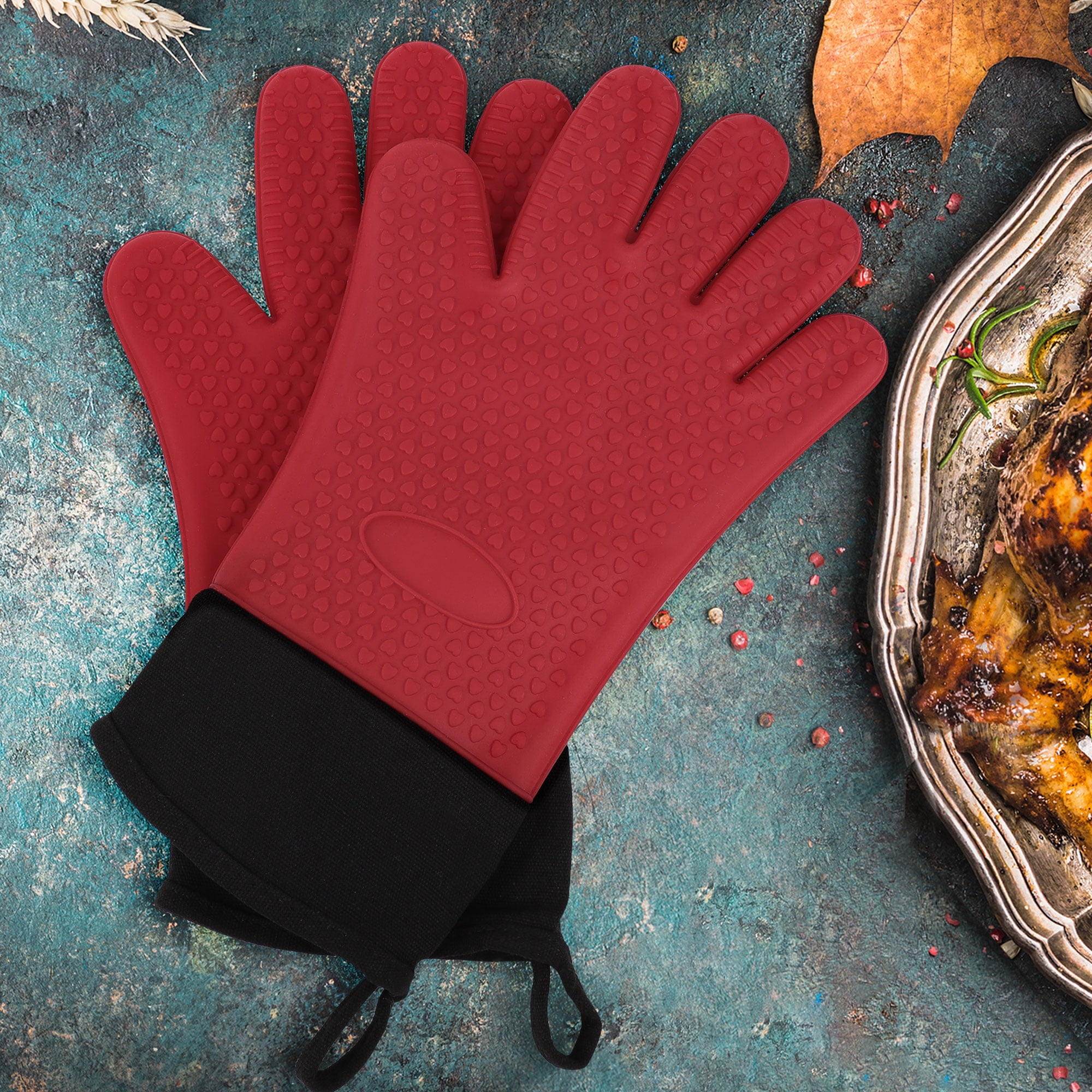 Large Kitchen Glove Heat Resistant up to 480F Terry Cloth Lined Cotton and Silicone Mitts w/ Hanging Loop Big Red House Double Oven Gloves Red 