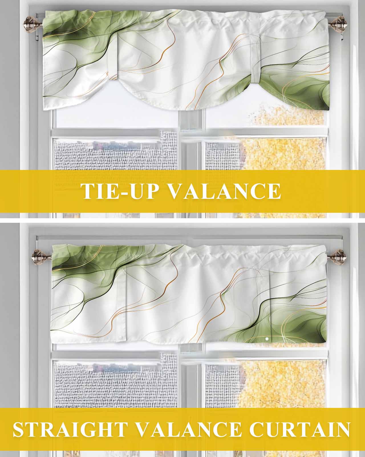 Sage Green Water Ripple Tie Up Valances Curtain, Adjustable Kitchen Vintage Abstract Valances for Windows Decor, Rod Pocket Short Curtains Set for Bedroom/Bathroom, 60"x18"