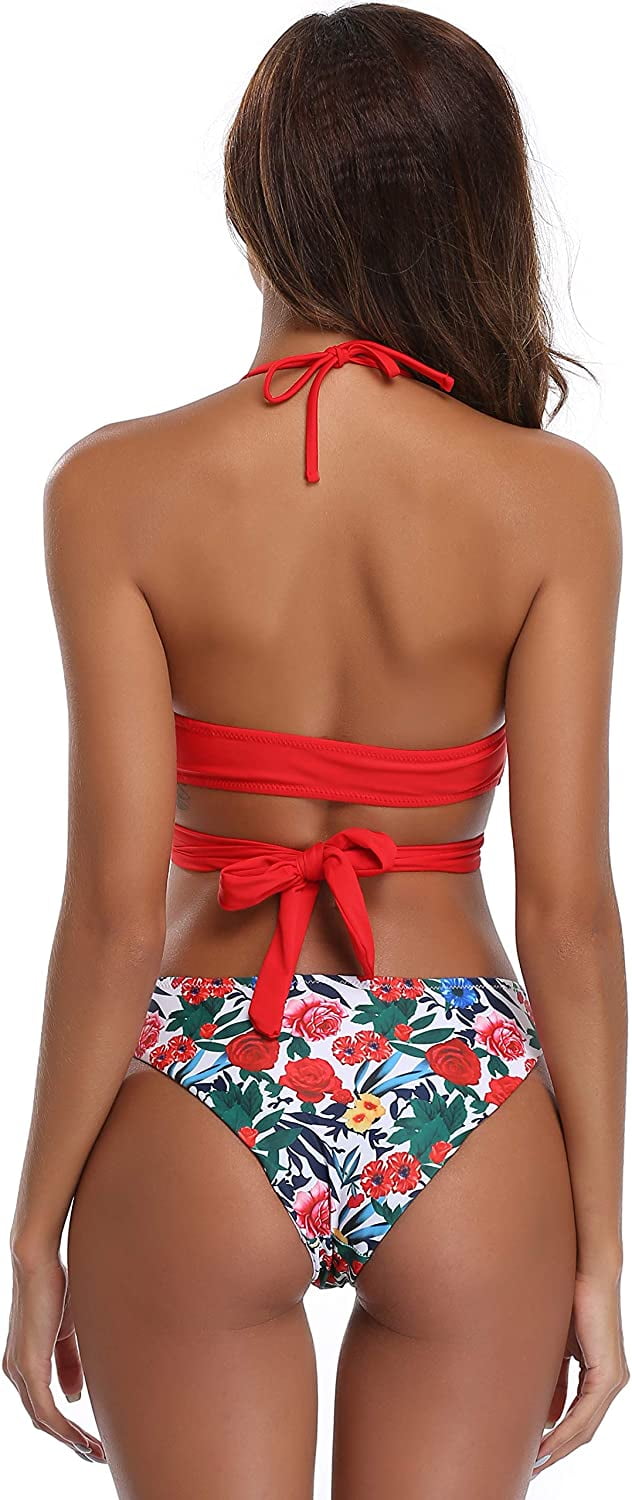 Hosamtel-Swimsuit Womens Swinsuits Flower Print Two Piece Swimwear Padded Bathing Suits Adjustable Straps Bikini Set 