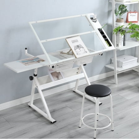Tcbosik Drafting Table w/Stool, Height Adjustable Art Craft Artists Desk with Tilting Glass Tabletop, Painting Work Station with 2 Storage Drawers for Home Office, White