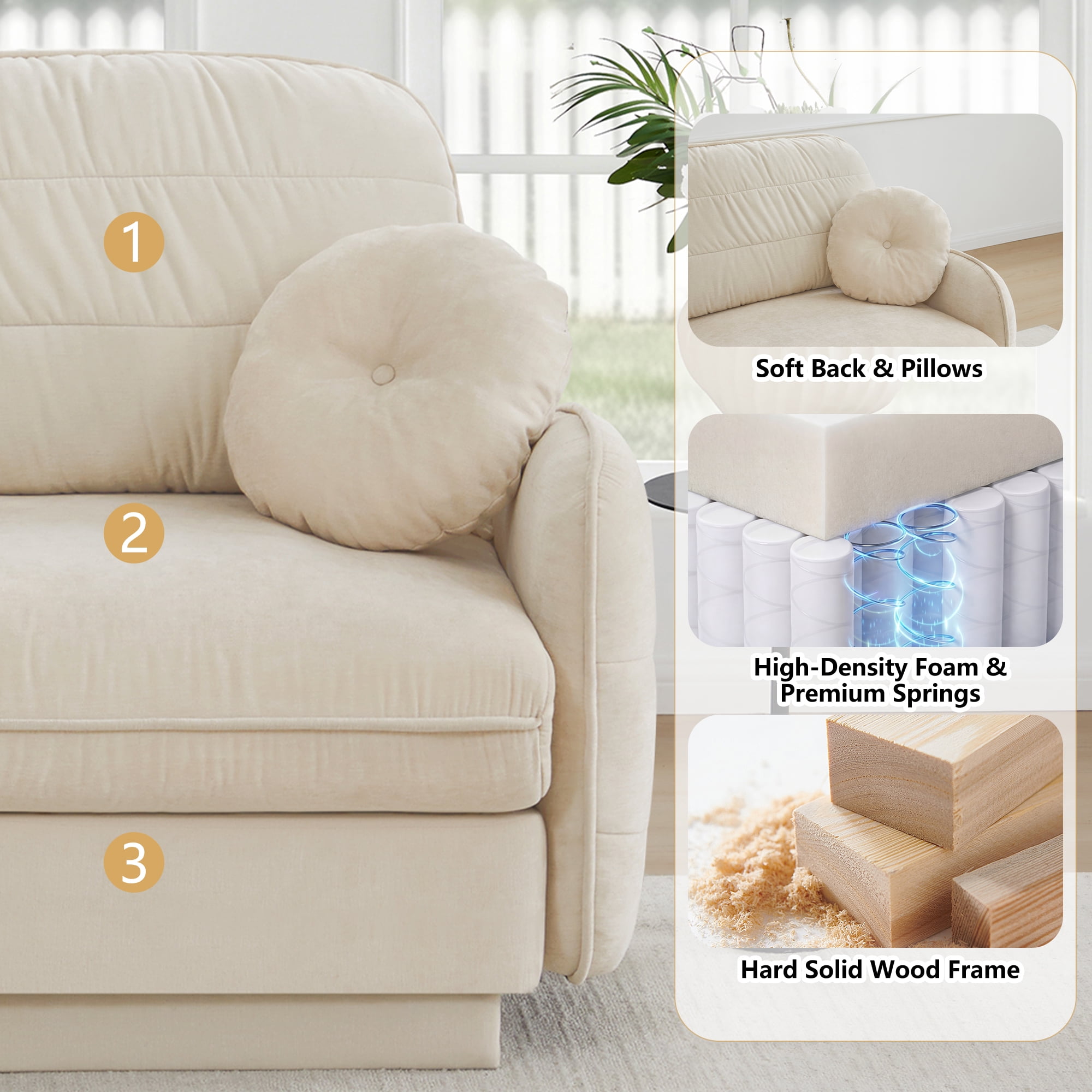 Mintazer 105" Chenille Cloud 3-Seater Modular Sectional Sofa with 2 Movable Ottoman & Round Pillows, U-Shaped Ergonomic Sofa Couch for Living Room, Apartment, Cream