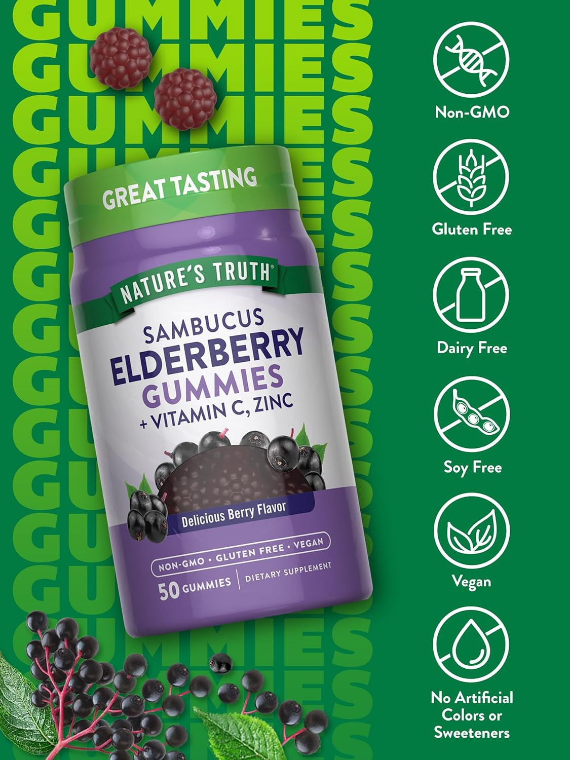 (3 pack) Sambucus Black Elderberry Gummies | 50 Count | With Vitamin C and Zinc | Berry Flavor | Vegan, Non-GMO, Gluten Free | Extract Gummies for Adults | by Nature's Truth