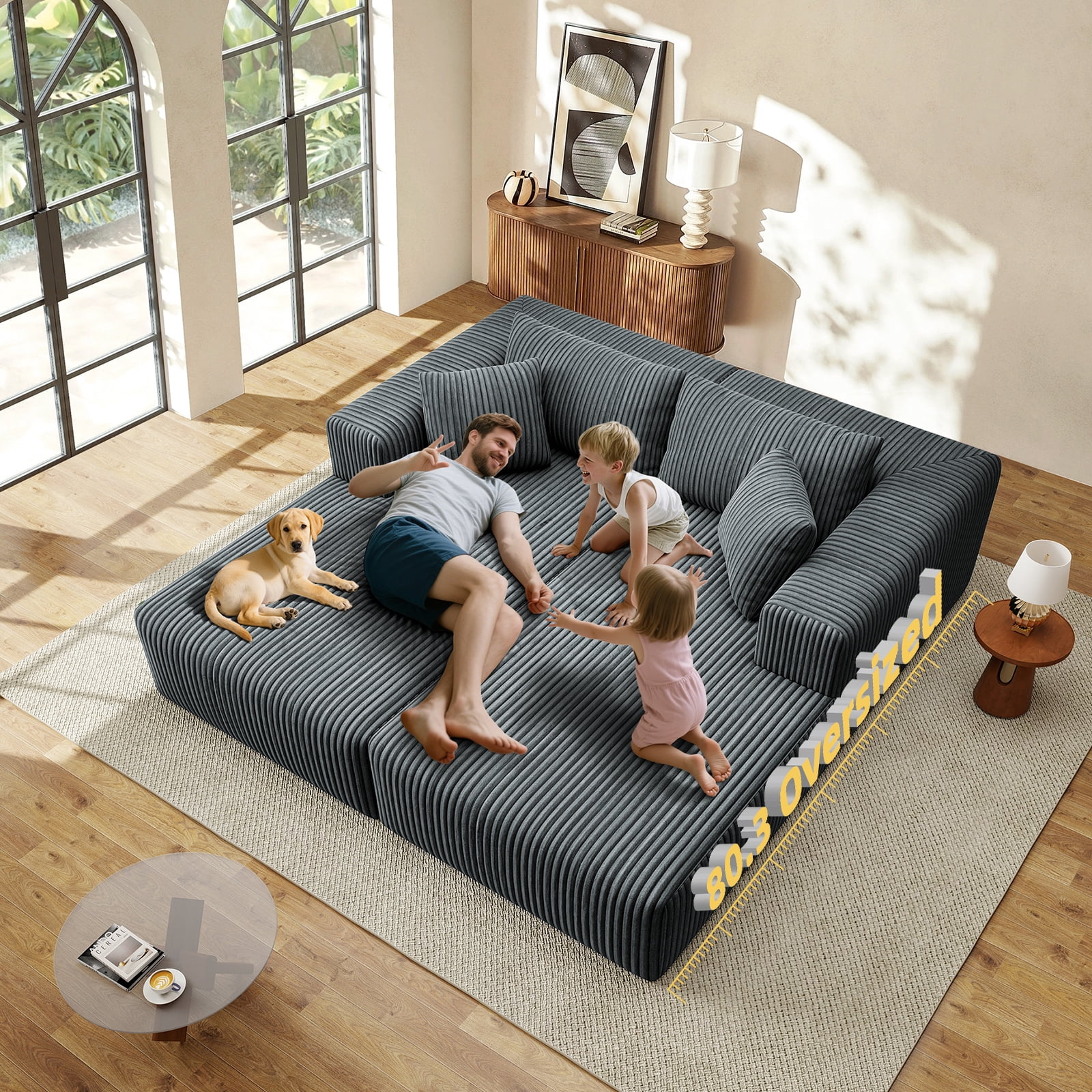 80.3" Oversized Double Lounge Chaise, Boneless Lounge Sofa Bed with 4 Pillows Cloud Loveseat Sleeper Couch for Indoor Living Room