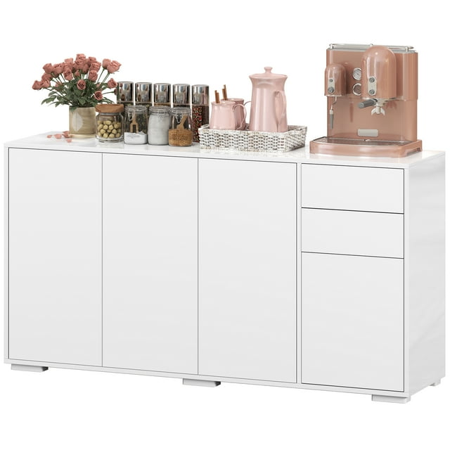 HOMCOM Modern White Particleboard Sideboard Buffet Cabinet, 55.1" Kitchen Storage with 2 Push-Open Drawers & 3 Compartments for Living Room & Dining Area