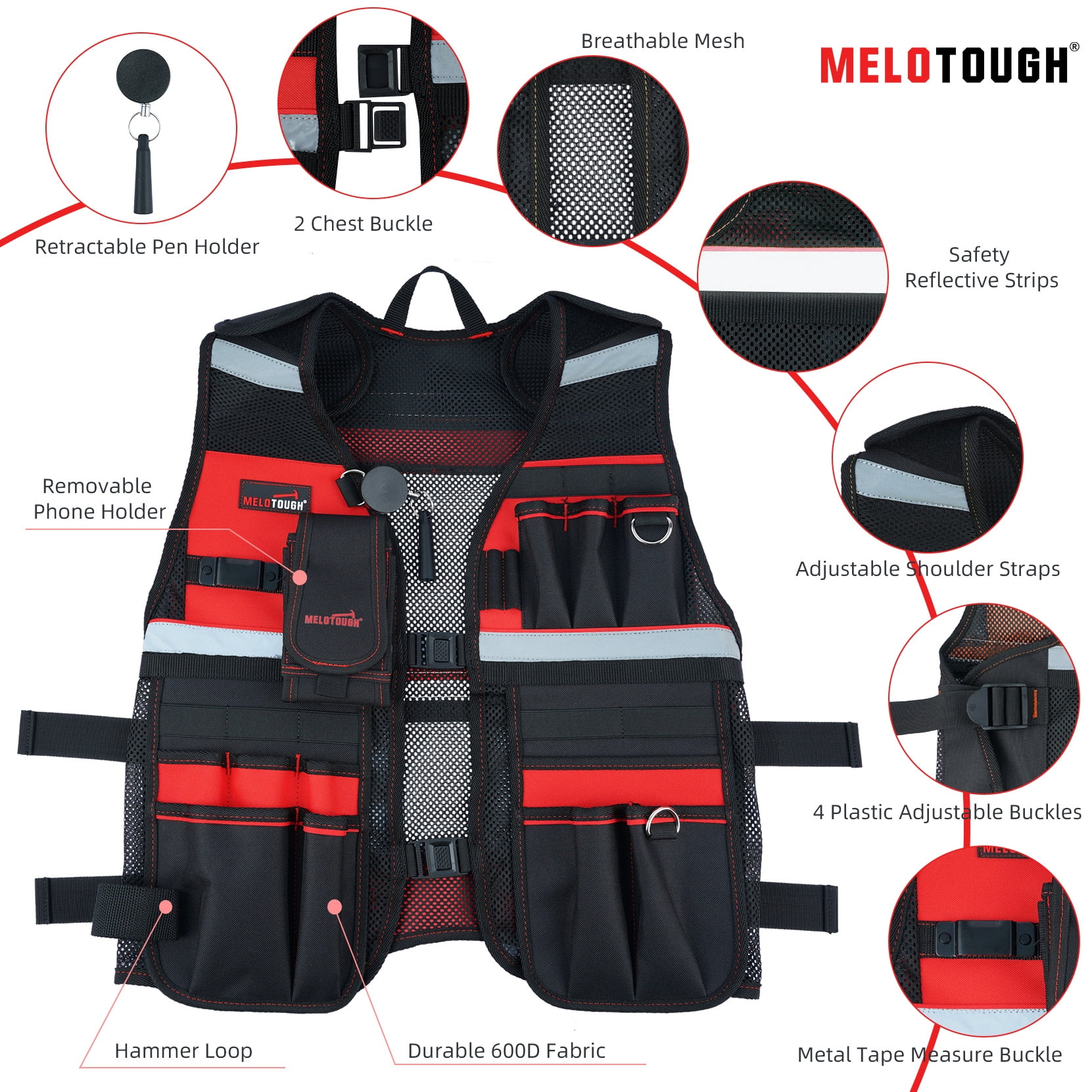 MELOTOUGH Tool Vest for Men Reflective Safety Tool Vest with Adjustable Straps,Removable Phone Holder for Electrical,Carpenters,Construction(Red)
