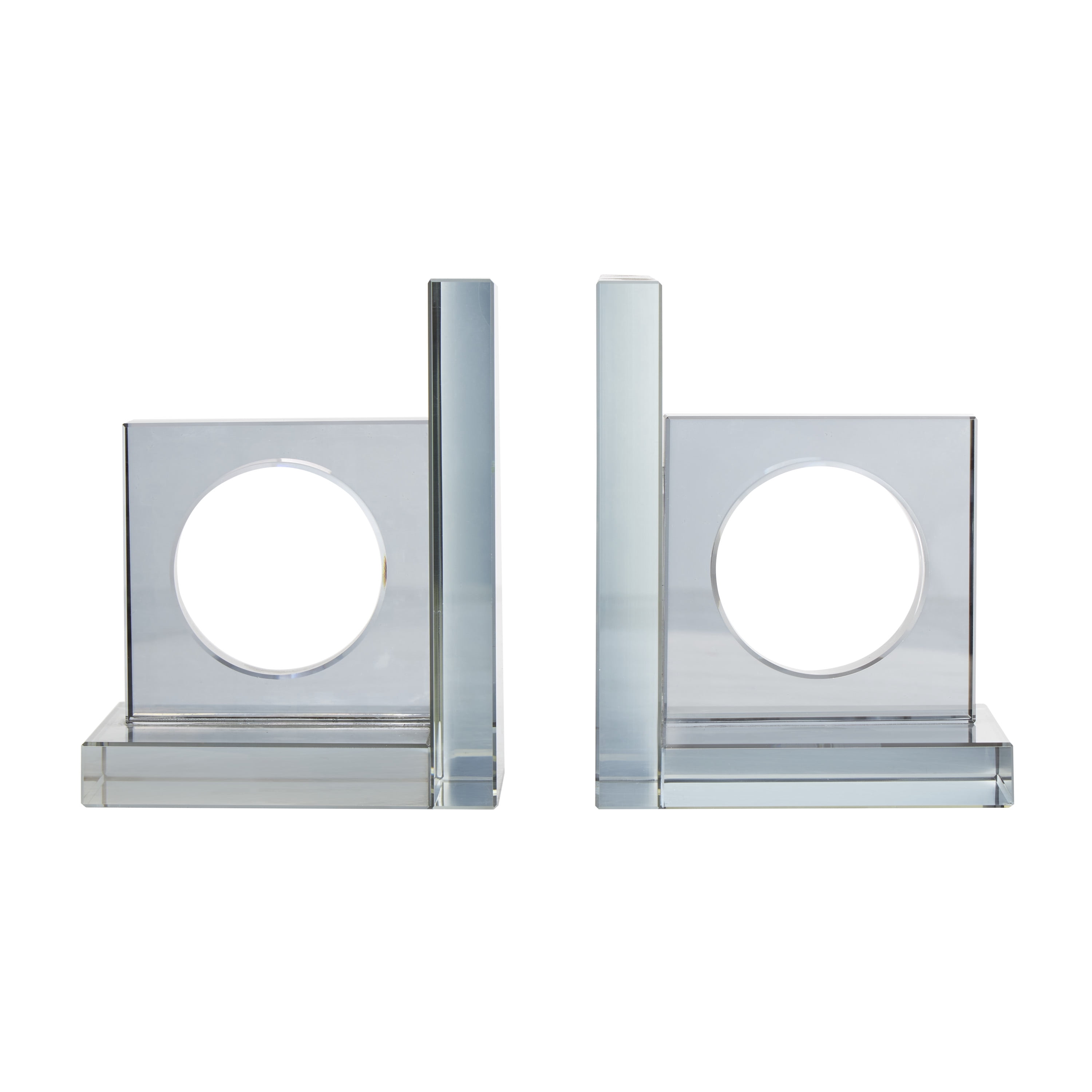 DecMode 5" Square Geometric Silver Crystal Bookends with Circle Cut Outs (Set of 2)