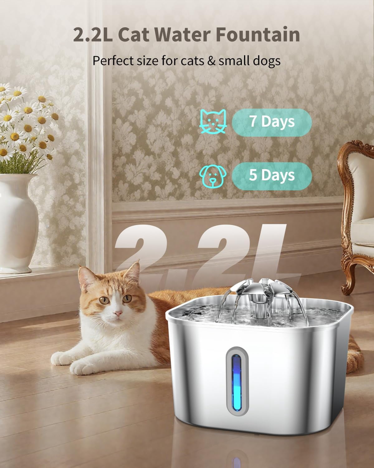 Automatic Quiet Pump Stainless Steel Pet Fountain with Filters and Sponges, 2.2L Capacity for Multi-Cat and Dog Homes