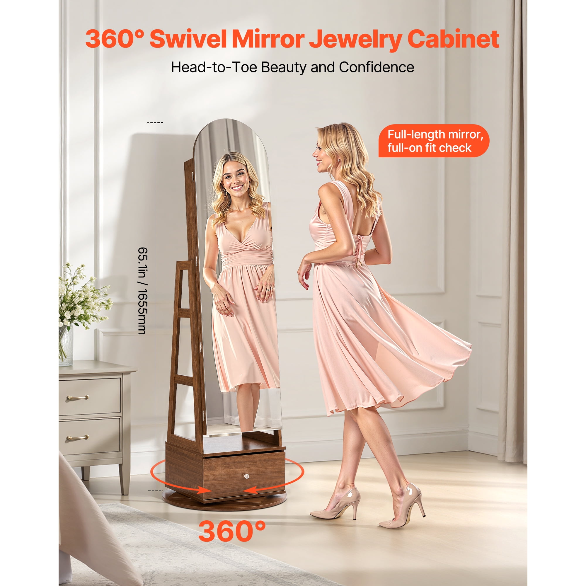KFFKFF 360° Rotating Jewelry Cabinet, 65.1-inch Tall, Full-Length Mirror with Storage, Freestanding Jewelry Organizer, Lockable with Keys, Accessory Compartments, Shelves, and Drawer