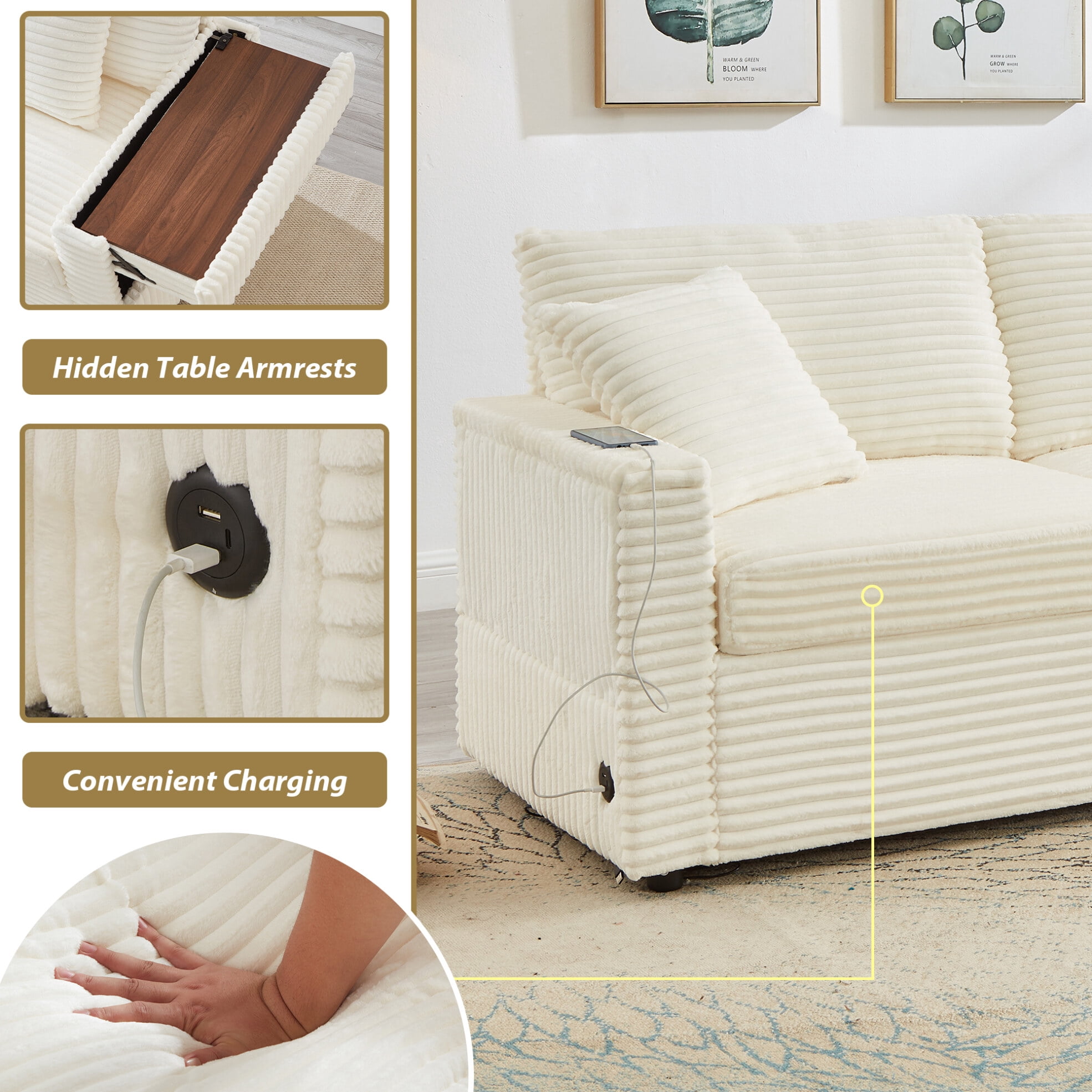 68" Double Chaise Lounges Indoor, Chenille Upholstered Loveseat Sofa Bed with Charging Station, Hidden Table Armrests and Storage Ottomans for Living Room, White