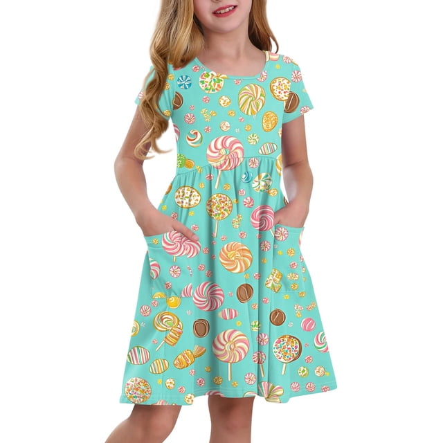 Robe à Manches Courtes pour Filles avec Imprimé Tissu Doux Col Rond Coupe Décontractée avec Poches Latérales pour Enfants Usage Quotidien