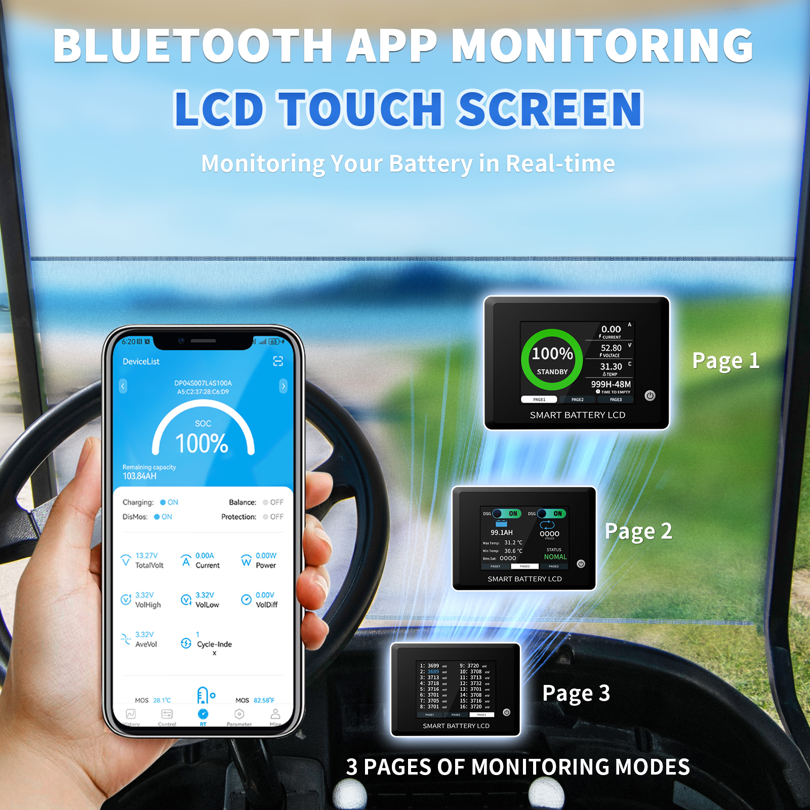 36V 105Ah Golf Carts LiFePO4 Battery Bluetooth,200A BMS,with Monitor Mobile APP & 43.8V 20A Charger,Deep Cycles Lithium RV Batteries