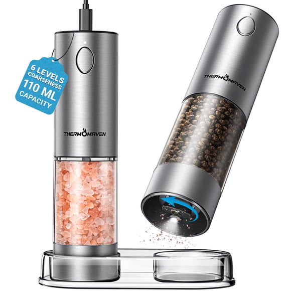 ThermoMaven Ensemble de Moulins à Sel et Poivre Électriques, Moulin à Sel et Poivre Automatique Rechargeable de 110ml avec 6 Niveaux de Grossièreté Réglables, Électrique