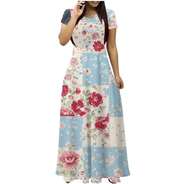 Staron Summer Dress for Women Clearance Under $10 Short Sleeve Round Neck Spring Boho Flare Flowy Vacation Sundress