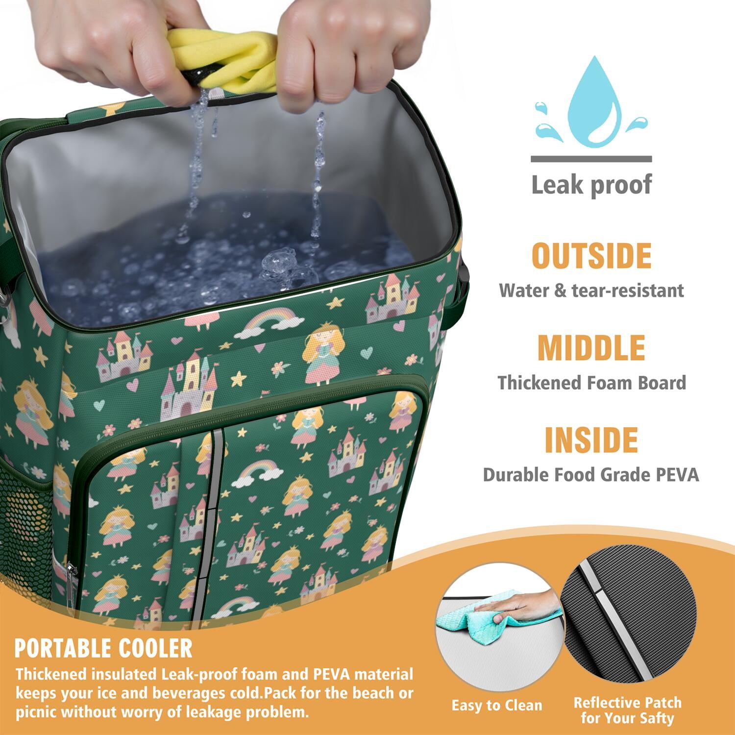 Travel Cooler Bag - Green Princess Castle Pattern Camping Beer Cooler Backpack with Bottle Opener- Waterproof Insulated Picnic Backpacks - Cooler Bag for Beach