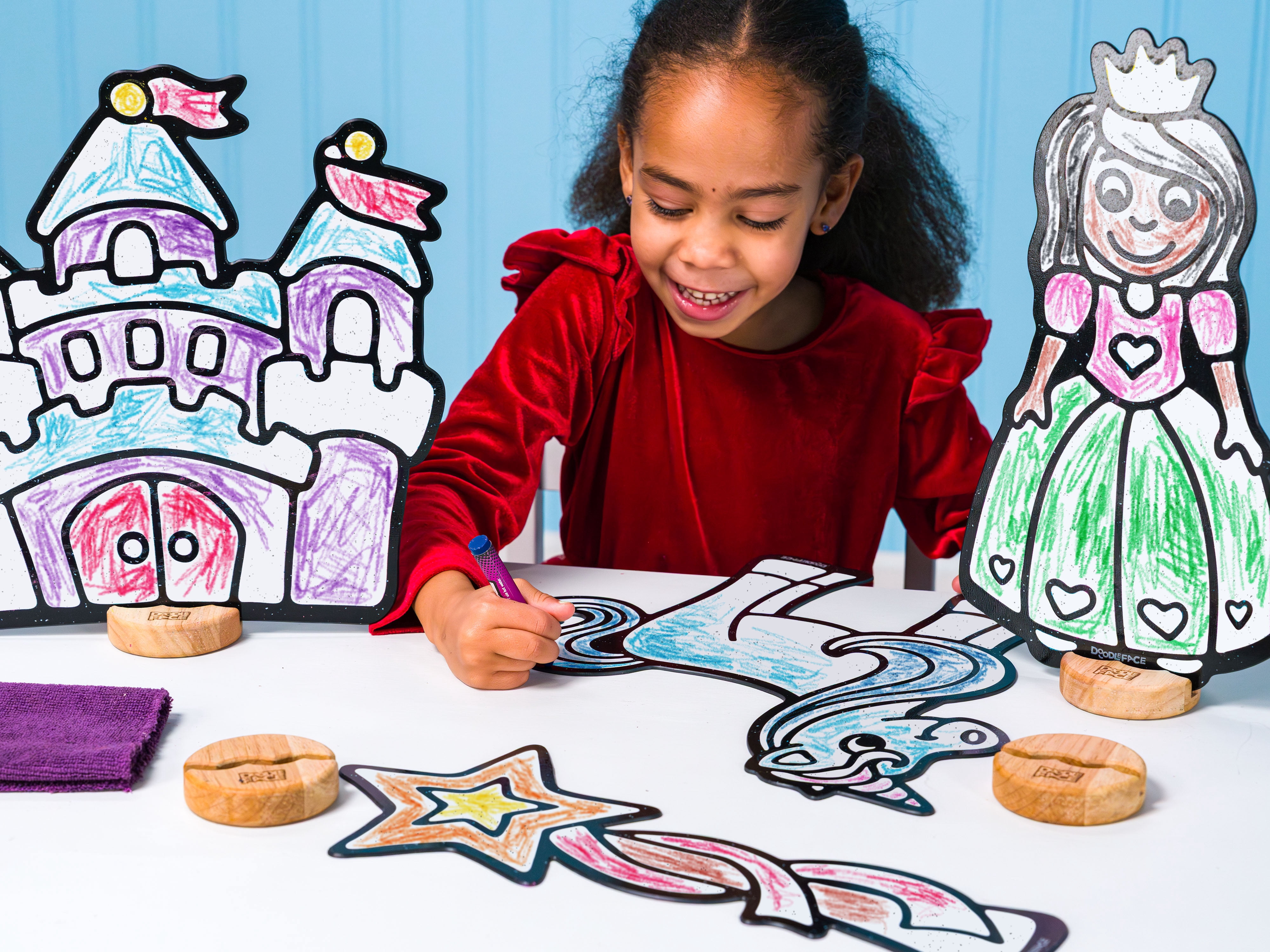 Fairytale Toy Set for Kids: Color, Play, and Wipe Away with Crayons and Eraser. Educational Reusable Coloring Toy with Castle, Princess, Unicorn, Star Wand.