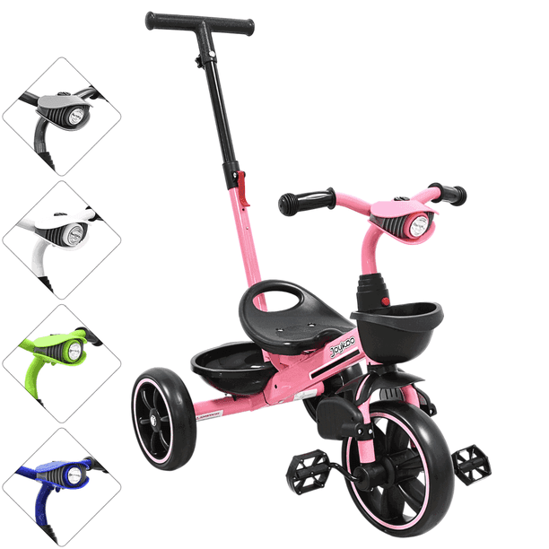 Triciclo para Niños con Bastón Torreta con Luz y Sonido Pedales Desmontables Posapiés Plegables Apto desde 2 años o hasta 25 kg - Rosa