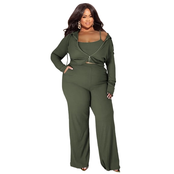 AURA Women Plus Size 3 Piece Lounge Set Stretch Knit Tracksuit Casual Outfit Set